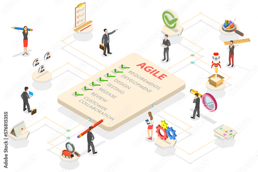 3D Isometric Flat Vector Conceptual Illustration of Agile Software Development Methodology