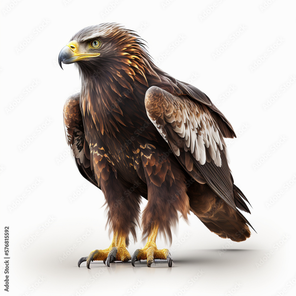 Fototapeta premium Realistic eagle in full height with eyes on a white background, generative AI.