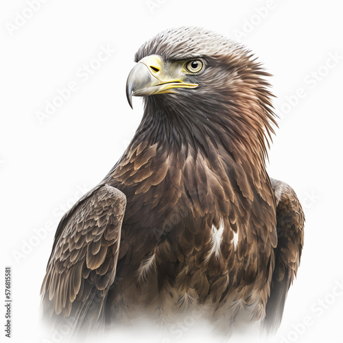 Realistic eagle in full height with eyes on a white background, generative AI. © Dmytro