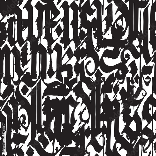 Vector seamless pattern: abstract ornament from letters in gothic font, blots. Black and white monochrome design for textile, fabric, wallpaper, wrapping paper.