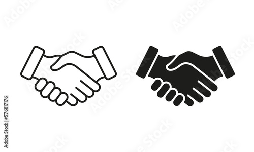 Handshake, Professional Partnership Silhouette and Line Icon Set. Hand Shake, Business Finance Deal Concept. Cooperation Team, Agreement Meeting Icon. Editable Stroke. Isolated Vector Illustration