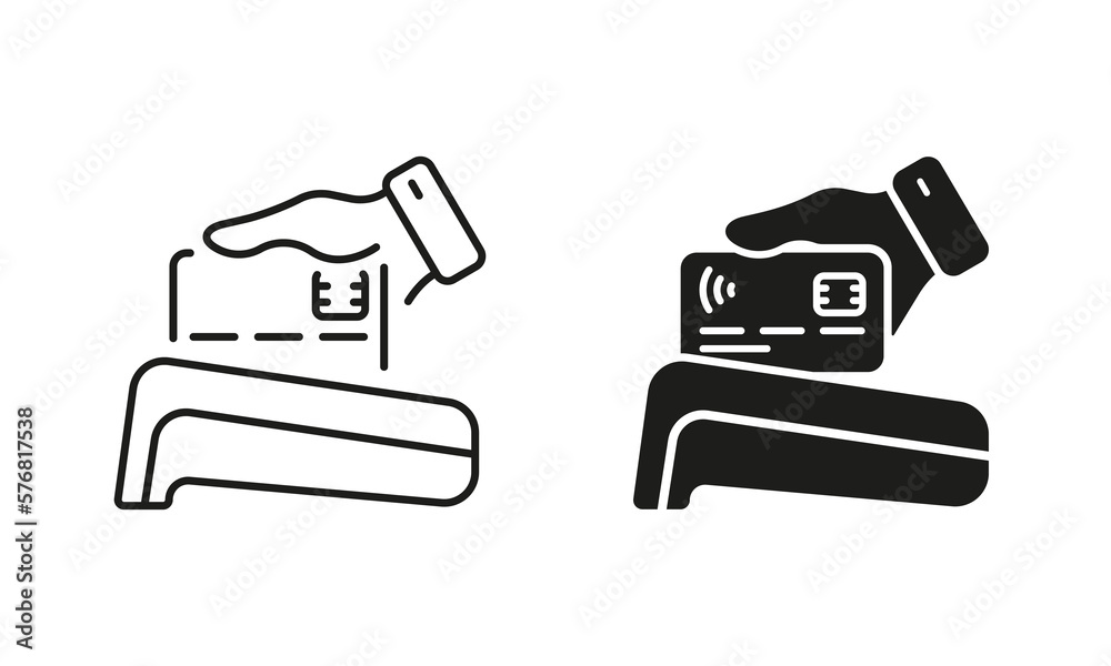 Cashless Payment Line and Silhouette Icon Set. Wireless Money Transaction on POS Pictogram. Electronic Purchase Paying by Credit Card Symbols on White Background. Isolated Vector Illustration Cashless Payment Line and Silhouette Icon Set. Wireless Money Transaction on POS Pictogram. Electronic Purchase Paying by Credit Card Symbols on White Background. Isolated Vector Illustration
