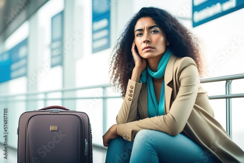 Candid portrait of a young woman in an airport experiencing flight delays and travel plan changes worried and anxious, generative ai