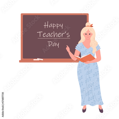 Female teacher at classroom near blackboard. Education, lecture and lesson at school. Vector illustration in flat style