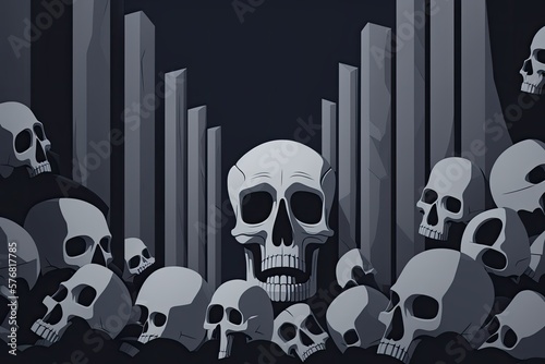 Banner with a skeleton's skull as a backdrop. Human teeth and skeletons were visible in the anatomical depiction of the skull. Experience the sense of loneliness, gloom, deadness, horror, and unsettli photo