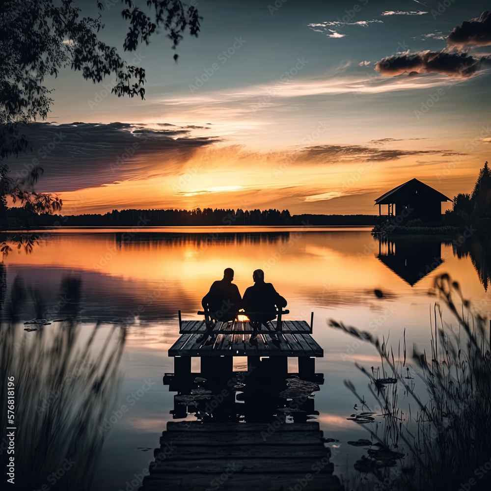 Lakeside Romance: Couple Enjoys Serene Sunset on Dock