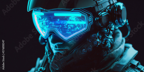 An artificially created model of a soldier in blue night vision glasses on a dark background, generated ai