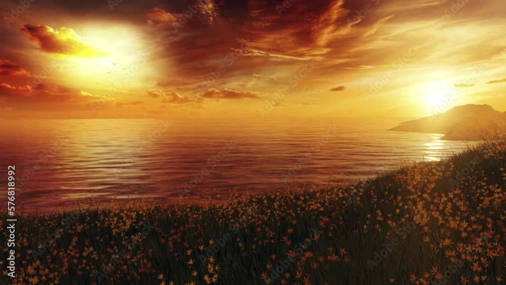 Sunset Ocean Panorama from a Grass Hill - Landscape Loop Abstract Nature Background