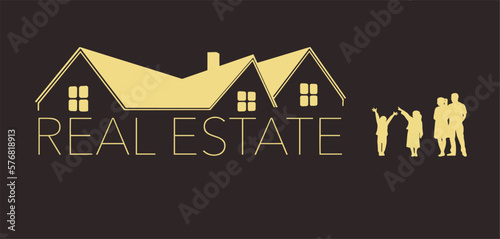 Here is a golden  roof of a home with the words "real estate" beneath and a family of four nearby. Useful  as a logo or to illustrate the idea of real estate sales,. Vector image.