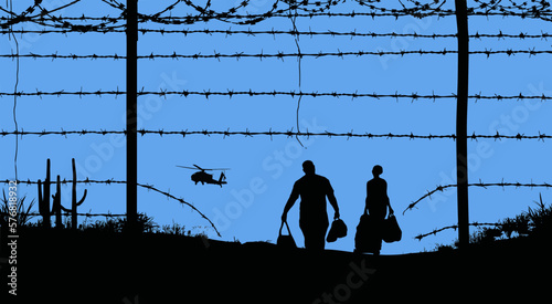 ORDER PATROL- A man and woman with baggage retreat back to the border when they are spotted by a border control helicopter. They entered via a breach in a barbed wire fence and retreat through that 