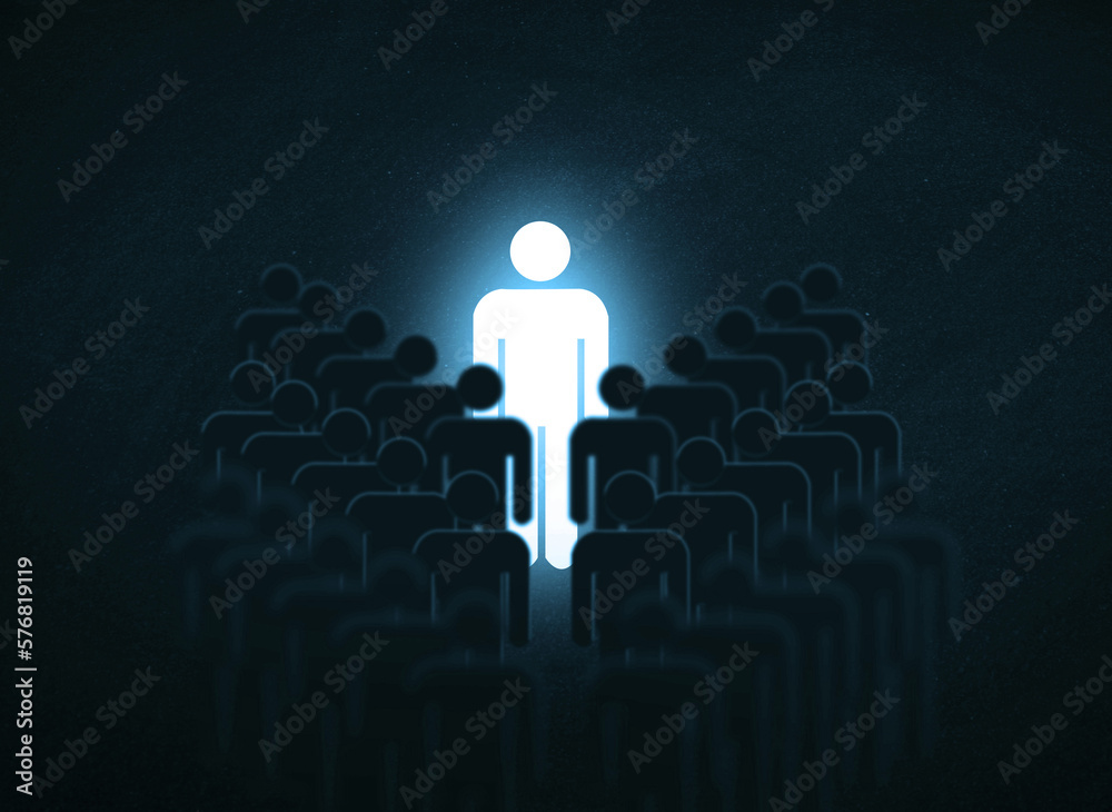 Businessman Leader Concept. group of employees with one bright glowing business person stand out behind the group    - obrazy, fototapety, plakaty 