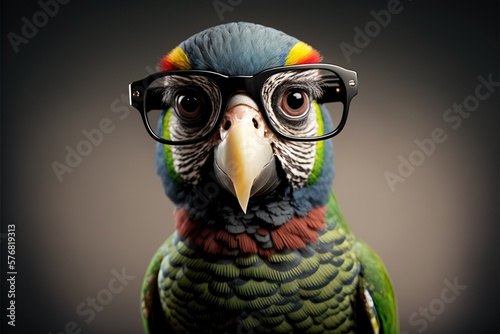 Realistic studio portrait of smart parrot wearing glasses and bow tie.