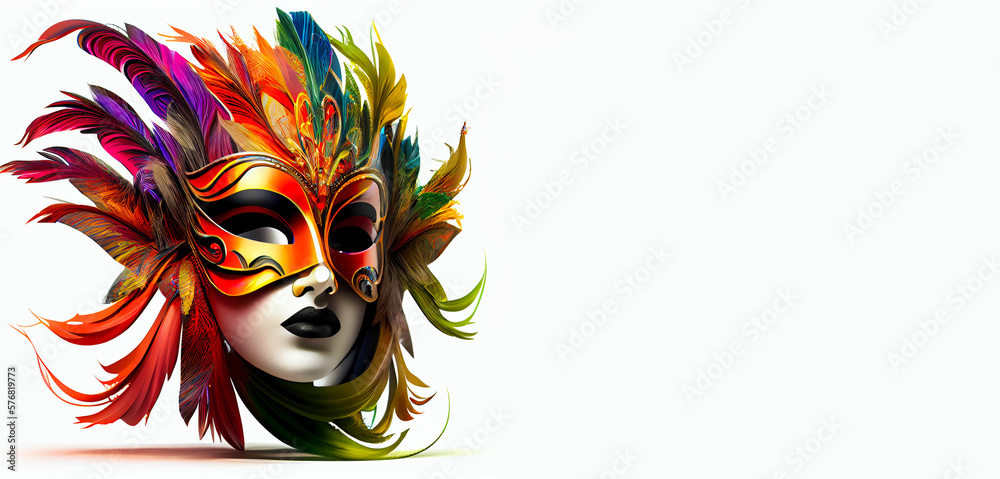 Vibrant colored carnival mask on white isolated background.New year celebration concept.Copy and text space.Created with generative ai