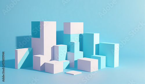 Minimal scene with podium and abstract background. Pastel blue and white colors scene. Trendy designs for social media banners, promotion, cosmetic product show. Geometric shapes interior.