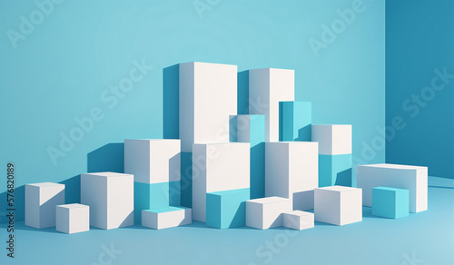 Minimal scene with podium and abstract background. Pastel blue and white colors scene. Trendy designs for social media banners  promotion  cosmetic product show. Geometric shapes interior.