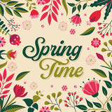 Greeting card Spring Time, with colorfull flowers around