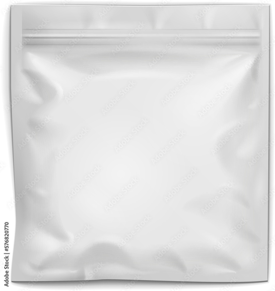 Obraz premium Mockup White Blank Filled Retort Foil Pouch Bag Packaging With Zipper. For Medicine Drugs Or Food Product. Illustration Isolated On White Background. Mock Up Template Ready For Your Design.