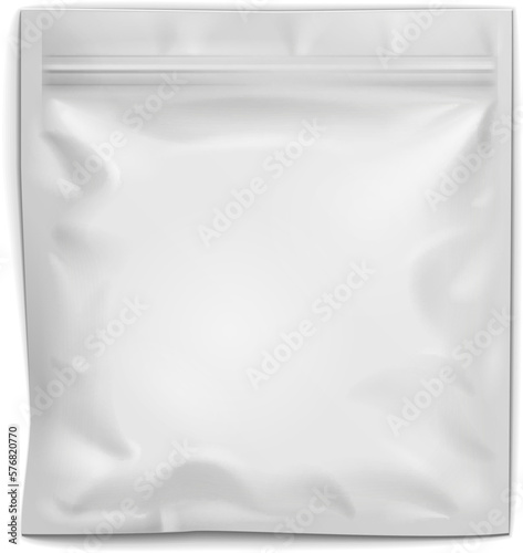 Mockup White Blank Filled Retort Foil Pouch Bag Packaging With Zipper. For Medicine Drugs Or Food Product. Illustration Isolated On White Background. Mock Up Template Ready For Your Design.
