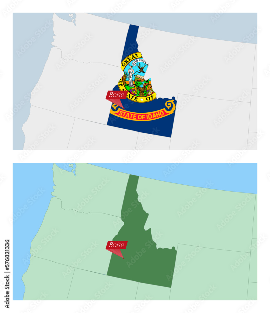 Idaho map with pin of country capital. Two types of Idaho map with
