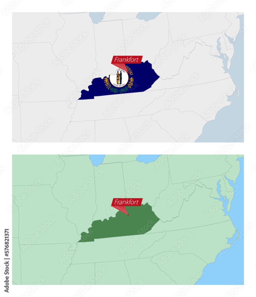 Kentucky map with pin of country capital. Two types of Kentucky map