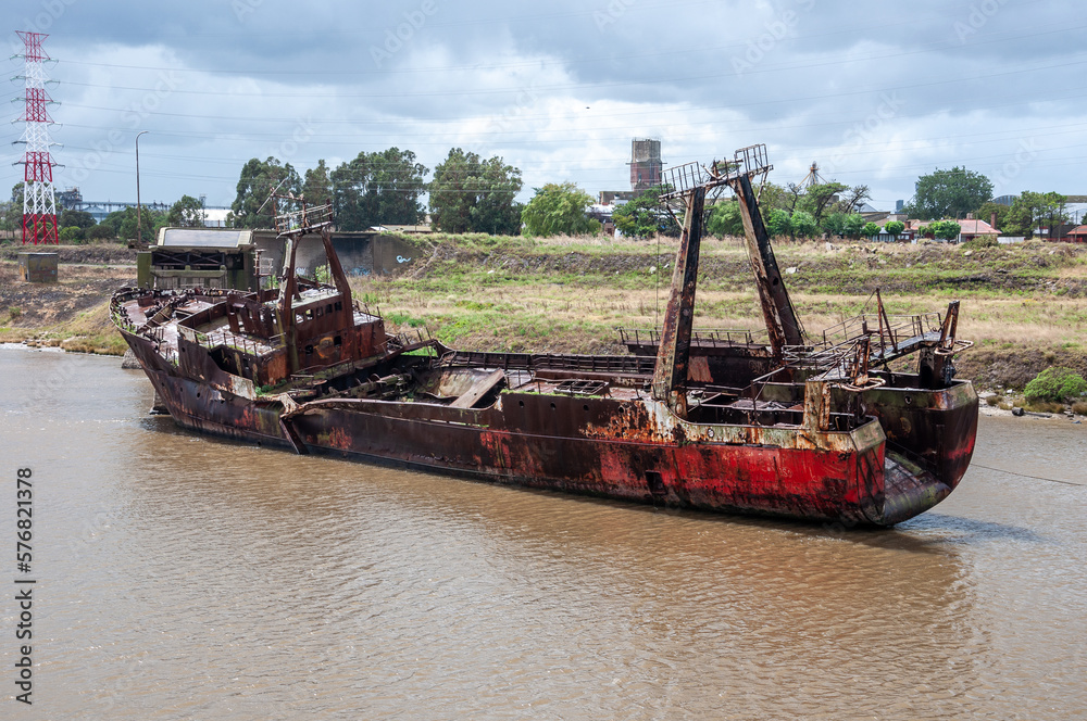 Freezer fishing vessel stranded on the Quequen bank of the Quequen Grande river