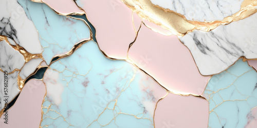 Light pink and blue marble texture with golden veins, Generative AI