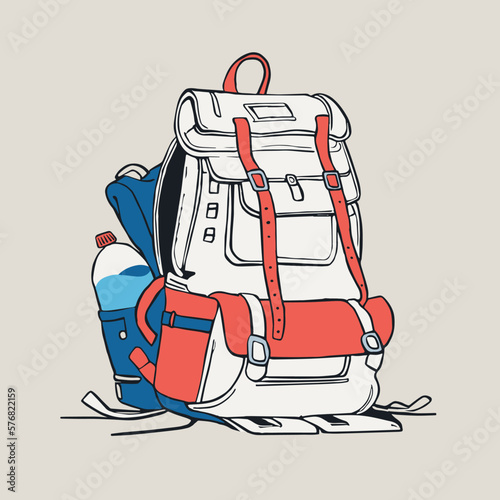 Illustration of a backpack with bottle of blue water