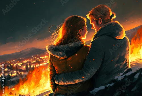 A couple contemplates the end of the world from the heights of a burning city in a night landscape. An apocalyptic scene that evokes the last hours of humanity. Generative AI