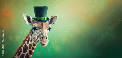 Funny giraffe wearing grenn hat celebrating Saint Patrick Day on a blurred background. Generative AI