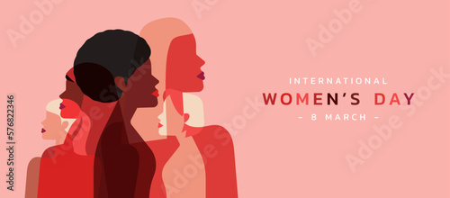 female diverse faces of different ethnicity in silhouette. March 8 International women day and the feminist movement for independence, freedom, and activism for woman rights, vector flat illustration