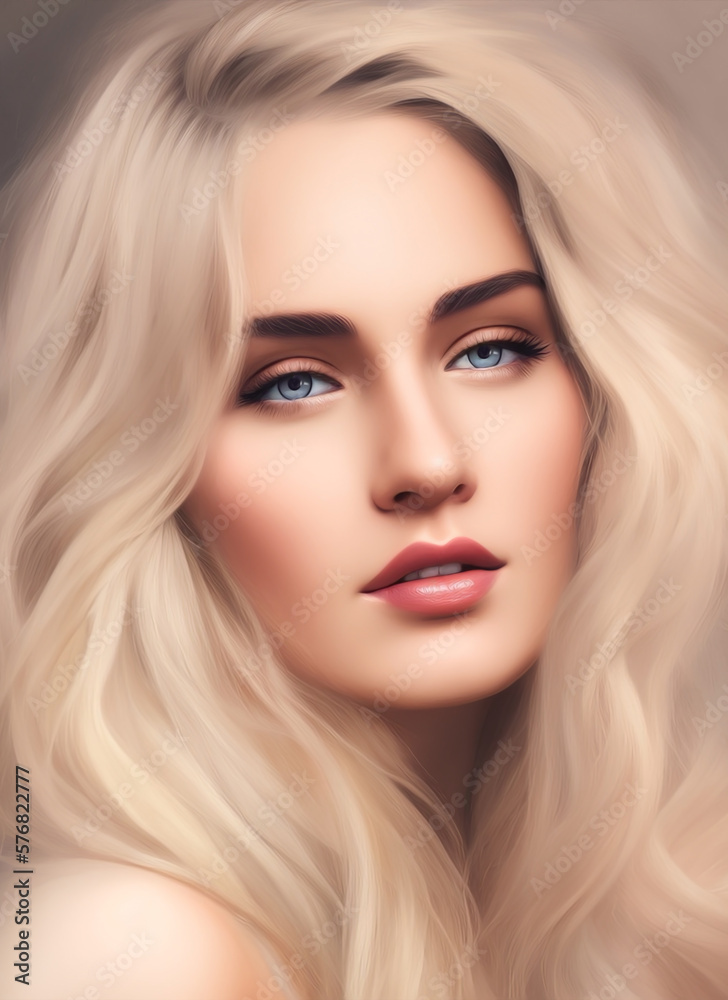 Fototapeta premium Portrait painting of a beautiful woman. Illustration of a beautiful girl, Beautiful woman painting. Generative AI