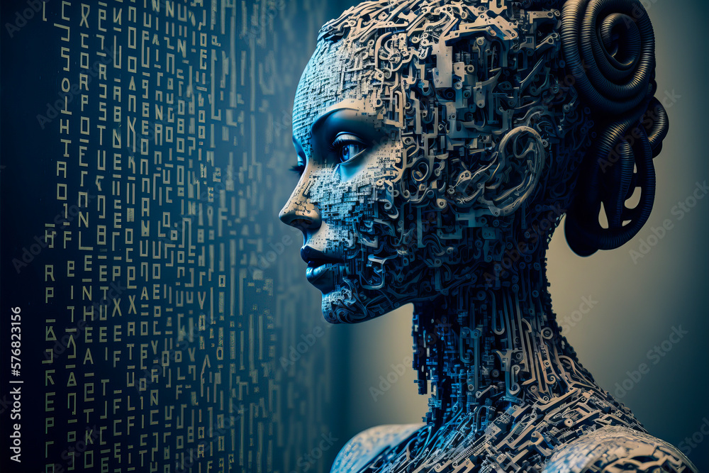 AI conversational model combining language and an algorithm to create content and human language in the form of a robot composed of letters and phrases. Generative AI - obrazy, fototapety, plakaty 