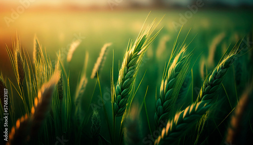 Green wheat spikelets in field, closeup, generative ai