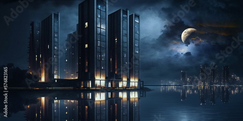 night city ,blue sea starry sky and moon   light lightrning on dramatic cloudy stormy sky  ,  modern buildings on horizon  blurred light on horizon at sea blue water wave  generated ai photo