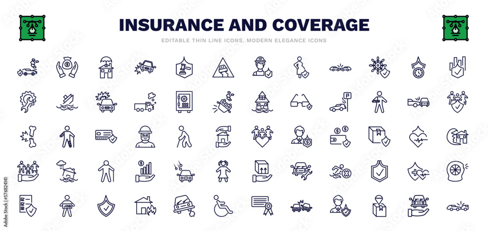 Naklejka premium set of insurance and coverage thin line icons. insurance and coverage outline icons such as engine problems, real estate insurance, slippery road, long term protection, parking crash, family care,