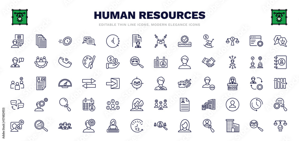 set of human resources thin line icons. human resources outline icons such as cv, urgent, job application, application, hired, employee, problems, work team, benchmarking vector.