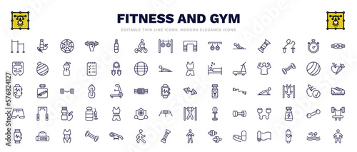 set of fitness and gym thin line icons. fitness and gym outline icons such as horizontal bar, weight drive, fitness belt, bodybuilder, little dumbbell, female sportwear, gym bag, man swimming, stick