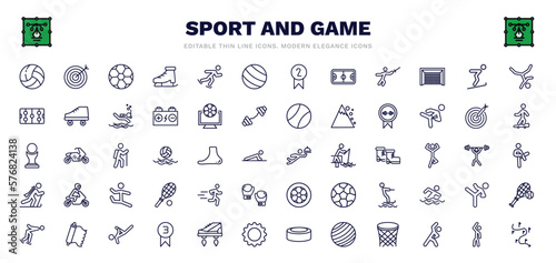 set of sport and game thin line icons. sport and game outline icons such as volleyball ball, football ball, exercise ball, jumping ski, weight lifting medal, waiter falling, excercise, capoeira,