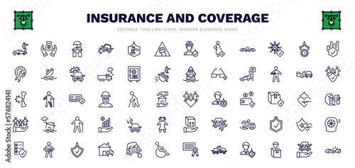 set of insurance and coverage thin line icons. insurance and coverage outline icons such as engine problems, real estate insurance, slippery road, long term protection, parking crash, family care,