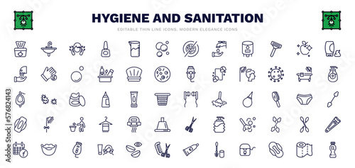 set of hygiene and sanitation thin line icons. hygiene and sanitation outline icons such as baby wipe  face washer  bubbles  food hygiene  hair washing  ear buds  hand dryer  epilator  chlorine