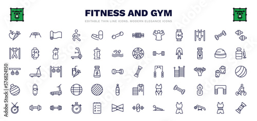 set of fitness and gym thin line icons. fitness and gym outline icons such as carrot and, mat for fitness, dumbbells bar, resistance, skip rope, arms extender, gymnastic ball, exercising dumbbell,