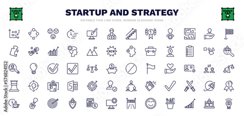 set of startup and strategy thin line icons. startup and strategy outline icons such as strategy management, reaction, ceo, humanpictos, choice, restrict, purpose, mission, entrepreneur vector.