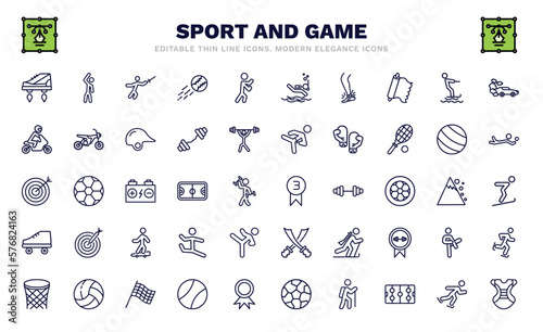 set of sport and game thin line icons. sport and game outline icons such as flying shoes, medieval fencing, sprained ankle, motorbike riding, bullseye, third, roller skate, basketball basket, chest