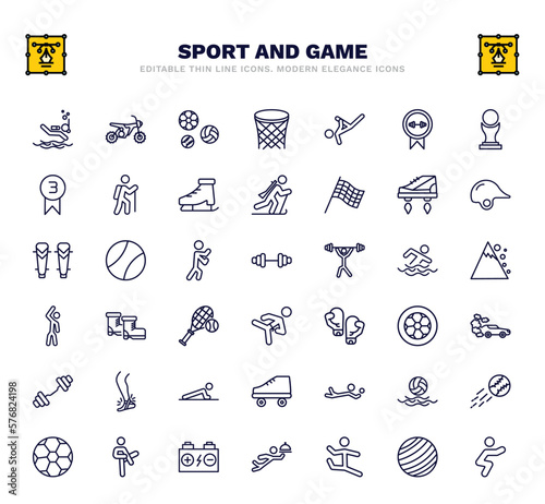 set of sport and game thin line icons. sport and game outline icons such as scuba diving, balls, capoeira, flying shoes, gym weight, ski boots, drift car, volleyball motion, batter vector.