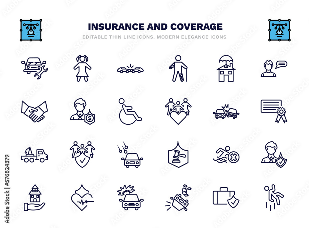 set of insurance and coverage thin line icons. insurance and coverage outline icons such as vehicle repair, frontal crash, real estate insurance, beneficiary, crash, family risk pool, heart