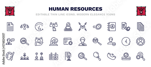 set of human resources thin line icons. human resources outline icons such as resume, 12 hours, meeting point, files, human resources, employee, art, personal profile, searching, due diligence