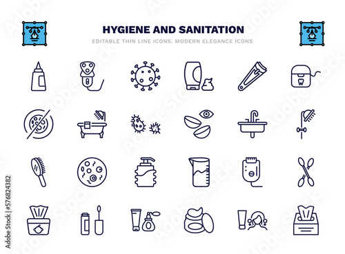 set of hygiene and sanitation thin line icons. hygiene and sanitation outline icons such as hair tonic, pathogen, nail clippers, bathroom, washbasin, microbes, epliator, dolled up, gel, tissues