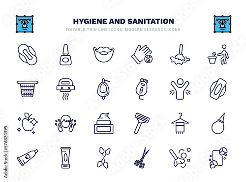 set of hygiene and sanitation thin line icons. hygiene and sanitation outline icons such as sanitary napkin, beardy, wet cleaning, hand dryer, body odour, face washer, face towel, body cream, nail