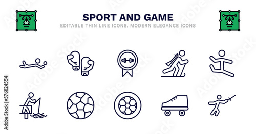 set of sport and game thin line icons. sport and game outline icons such as two boxing gloves, weight lifting medal, biathlon, dancer motion, fisher fishing, fisher fishing, soccer football ball,
