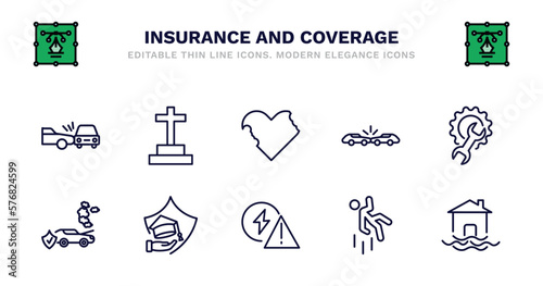 set of insurance and coverage thin line icons. insurance and coverage outline icons such as funeral, bite, frontal crash, repair, engine problems, engine problems, education insurance, problem